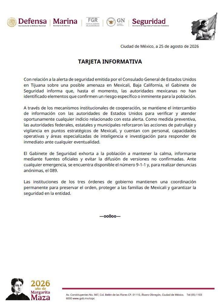 Seguridad federal descarta riesgo inminente en Mexicali tras alerta de EE.UU.