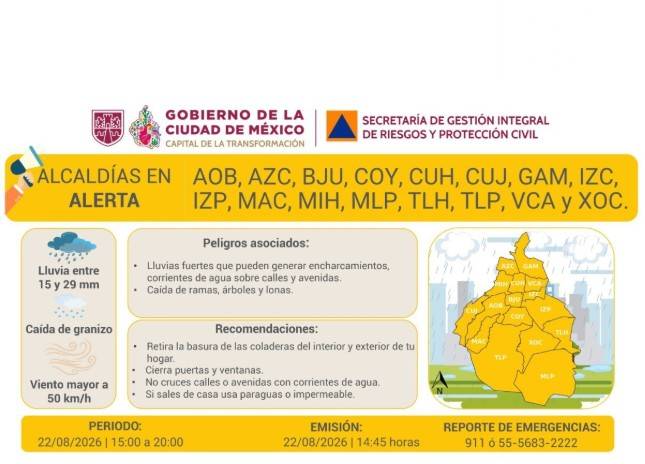 Activan Alerta Amarilla en CDMX por lluvias fuertes, rachas de viento y granizo para este s&aacute;bado