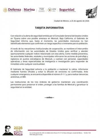 Seguridad federal descarta riesgo inminente en Mexicali tras alerta de EE.UU.