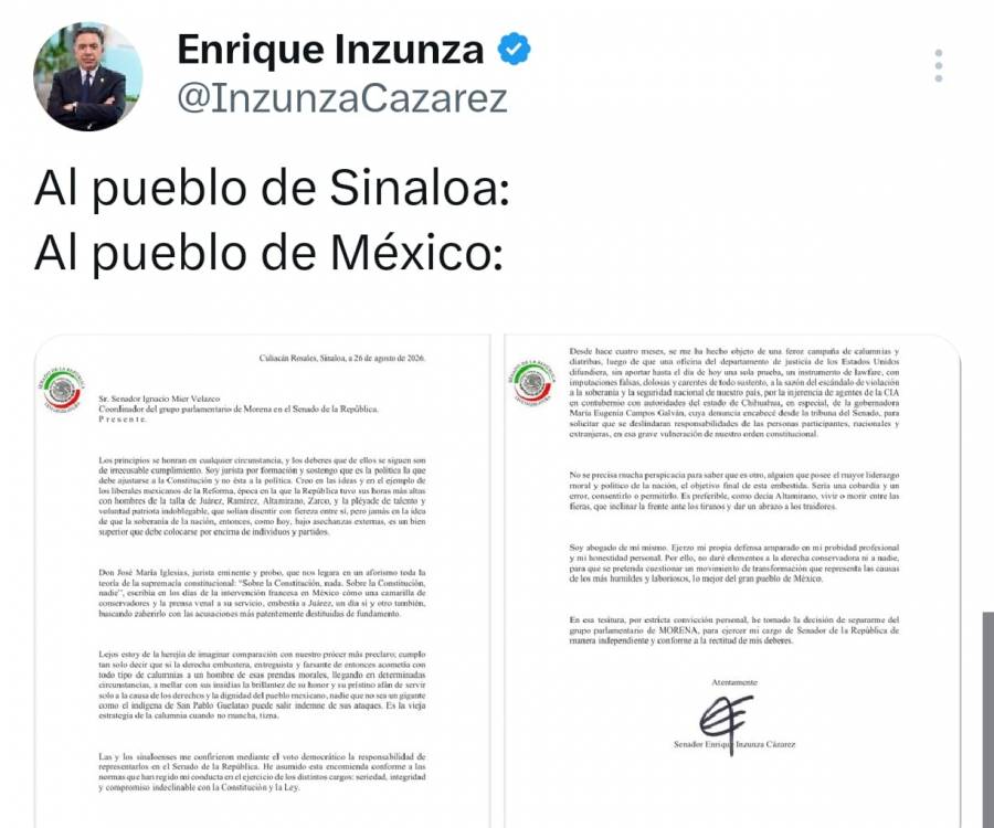 Enrique Inzunza se separa de la bancada de Morena y se declara senador independiente