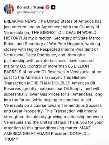 Trump anuncia “hist&oacute;rico” acuerdo petrolero con Venezuela
