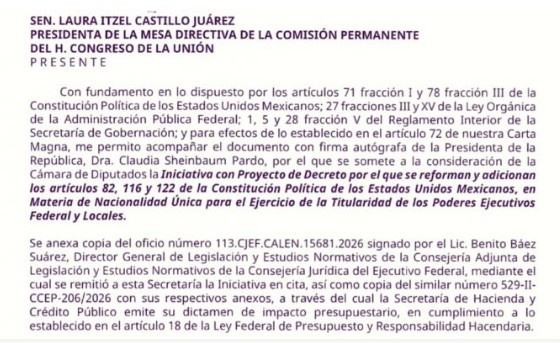 Sheinbaum envía iniciativa para impedir doble nacionalidad a presidentes y gobernadores