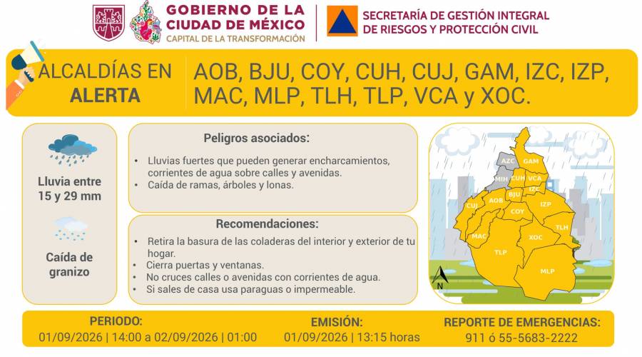 Activan Alerta Amarilla por lluvias en 14 alcaldías de la CDMX