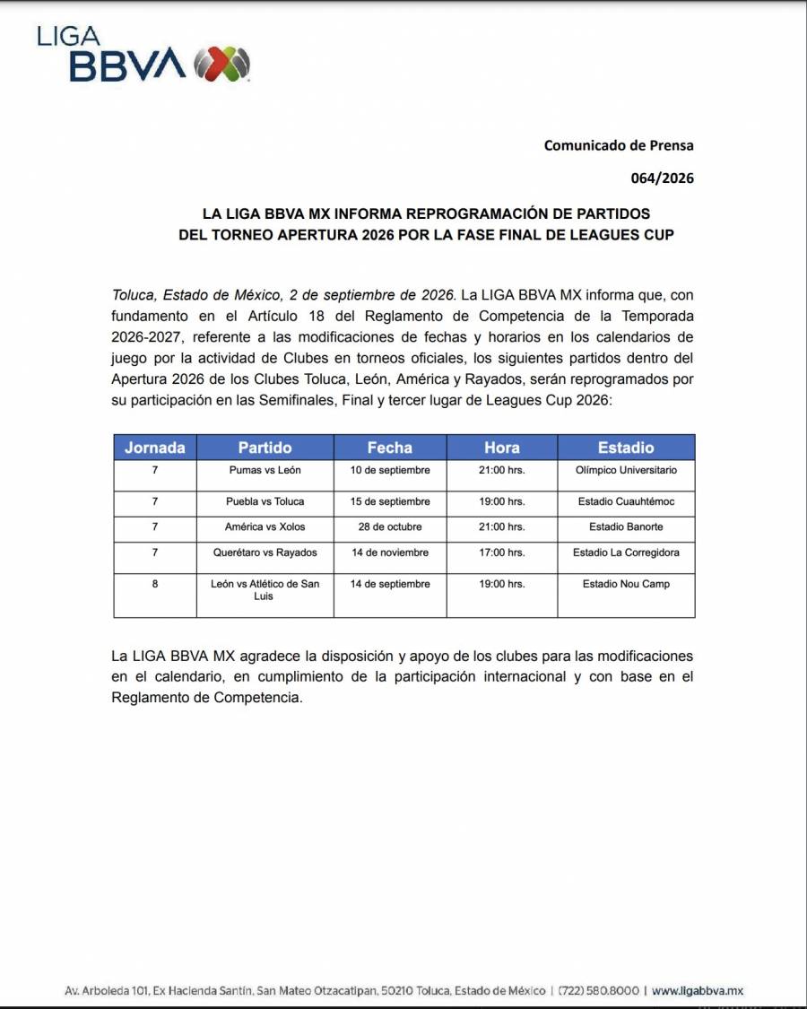 Liga MX ajusta calendario de la Jornada 7 por Leagues Cup