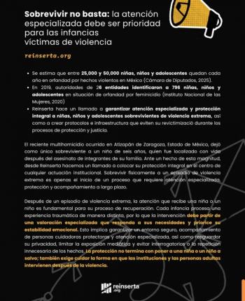 Reinserta pide atenci&oacute;n especializada para ni&ntilde;as, ni&ntilde;os y adolescentes v&iacute;ctimas de violencia extrema