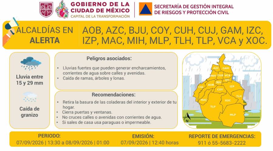 Activan alerta amarilla por lluvias y granizo en toda la Ciudad de México   