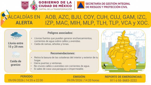 Se activa Alerta Amarilla por pronóstico de lluvias fuertes y posible caída de granizo en todas las alcaldías