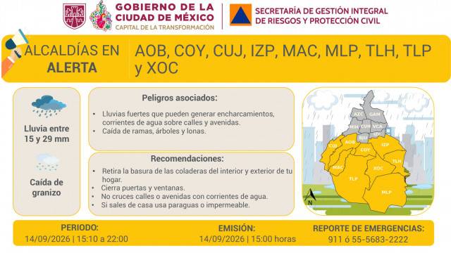 Se activa alerta amarilla por pronóstico de lluvias fuertes y posible caída de granizo en nueve alcaldías  