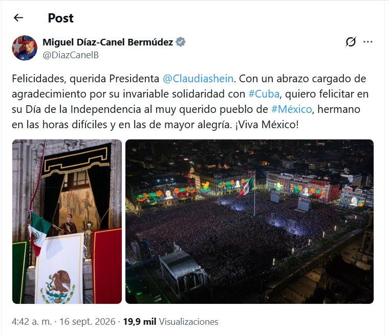 Cuba felicita a México por el 216 aniversario de la Independencia y agradece solidaridad    