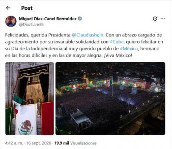 Cuba felicita a M&eacute;xico por el 216 aniversario de la Independencia y agradece solidaridad