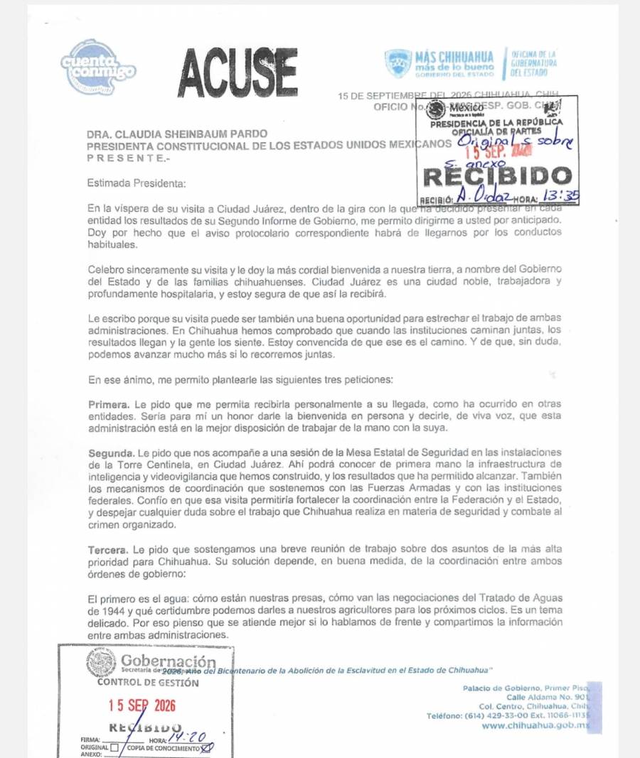 Gobernadora de Chihuahua pide a Sheinbaum reunión para abordar seguridad, agua y exportación de ganado