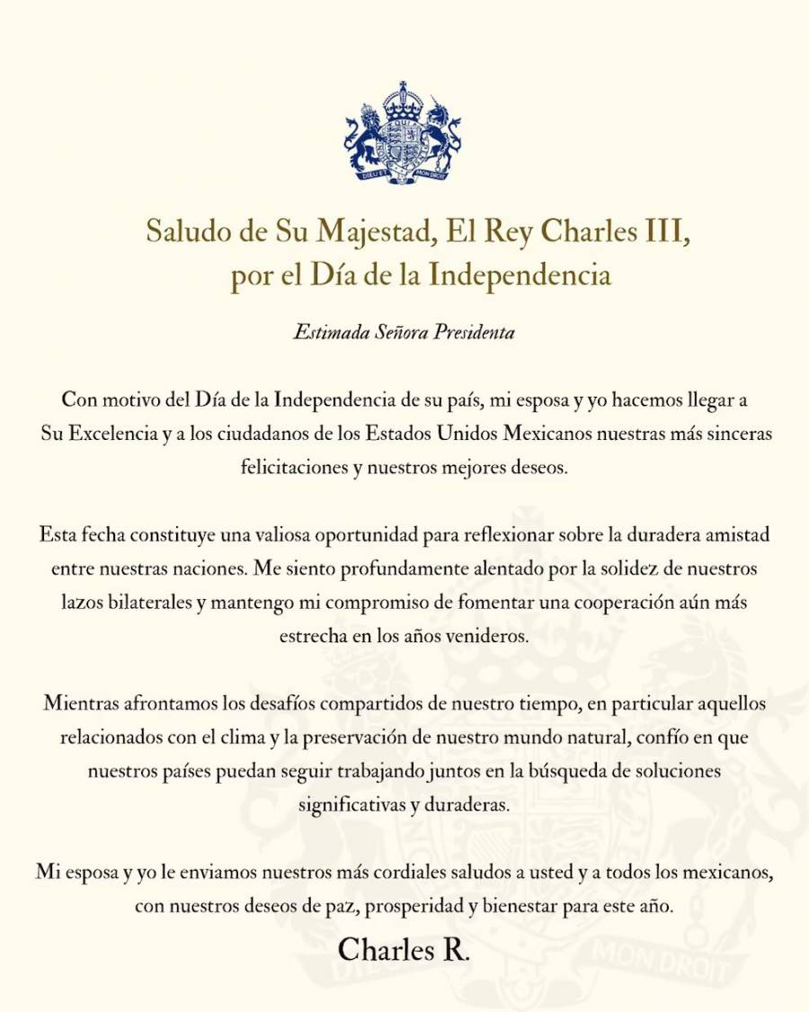 Rey Carlos III felicita a Claudia Sheinbaum por la Independencia de México  
