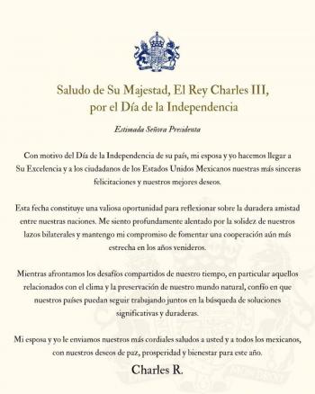 Rey Carlos III felicita a Claudia Sheinbaum por la Independencia de M&eacute;xico