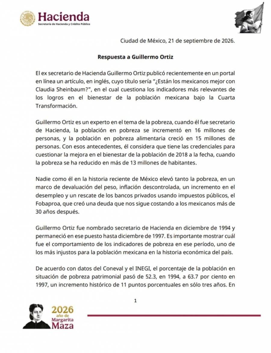 Hacienda responde a Guillermo Ortiz y rechaza críticas a indicadores económicos de Sheinbaum