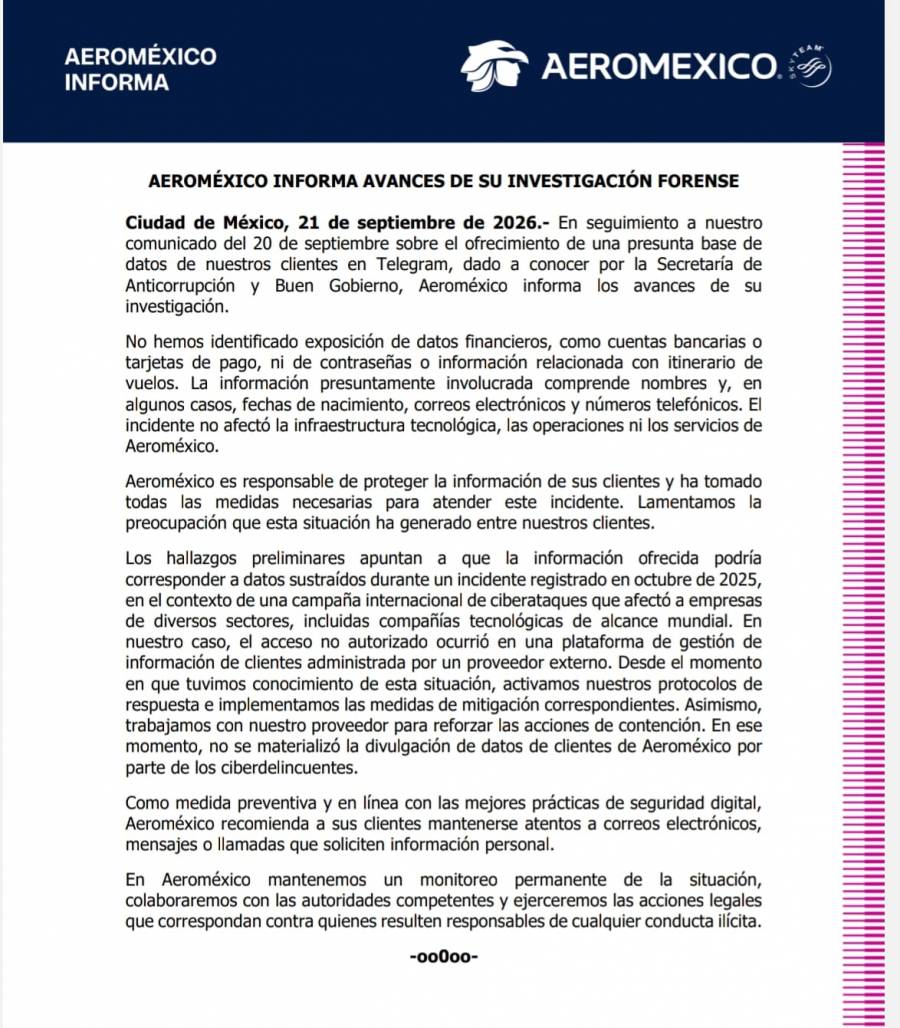 Aeroméxico descarta filtración de datos bancarios tras investigación por presunta base de clientes en Telegram 