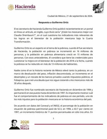 Hacienda responde a Guillermo Ortiz y rechaza cr&iacute;ticas a indicadores econ&oacute;micos de Sheinbaum