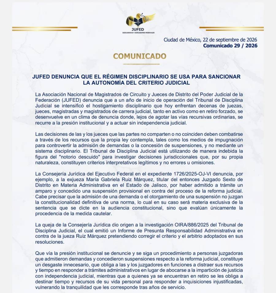 JUFED denuncia uso del régimen disciplinario contra jueces por sus criterios sobre la reforma judicial