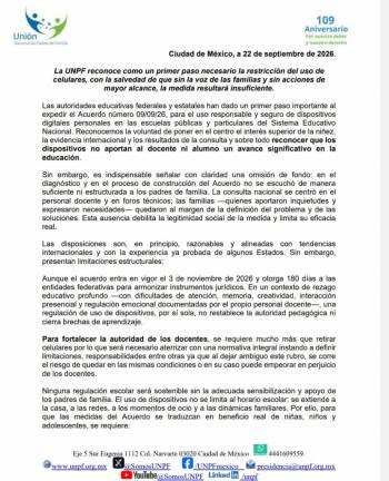 UNPF exige voz de padres en regulaci&oacute;n de celulares y advierte rezago educativo