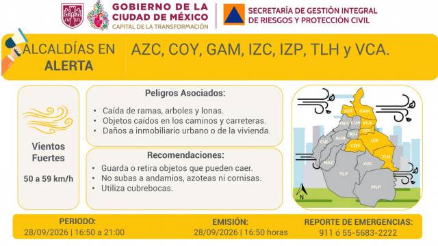 Se activa alerta amarilla por pronóstico de vientos fuertes en 7 alcaldías