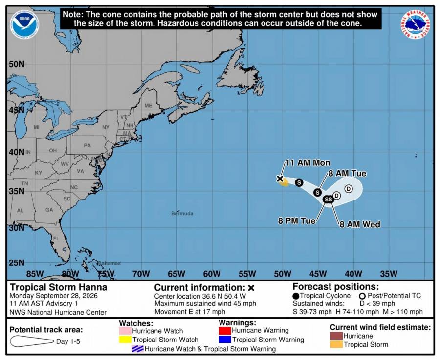 Se forma la tormenta tropical Hanna en aguas del Atlántico central sin riesgo para costas