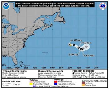 Se forma la tormenta tropical Hanna en aguas del Atl&aacute;ntico central sin riesgo para costas