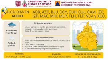 Activan Alerta Amarilla por lluvias y posible granizo en las 16 alcald&iacute;as de la CDMX