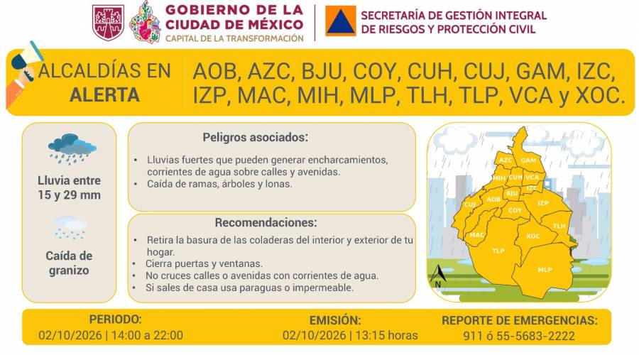 Activan Alerta Amarilla por precipitaciones intensas y posible granizo en las dieciséis alcaldías de la capital