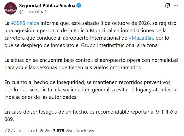 Refuerzan seguridad cerca del Aeropuerto de Mazatlán tras agresión a policías