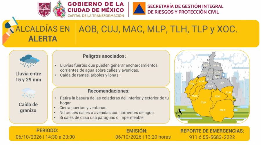 Activan Alerta Amarilla por lluvias fuertes en siete alcaldías de la CDMX 