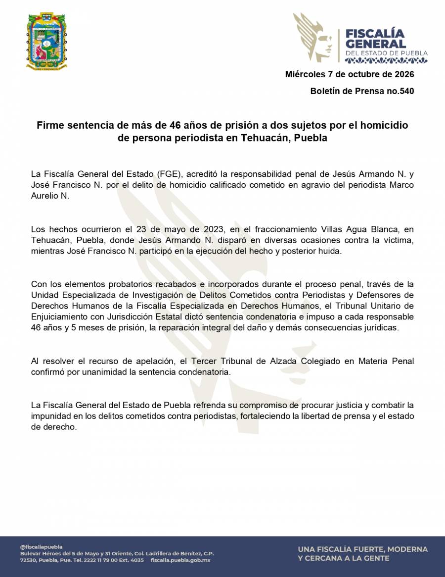 Sentencian a más de 46 años de prisión a responsables del asesinato del periodista Marco Aurelio Ramírez en Puebla