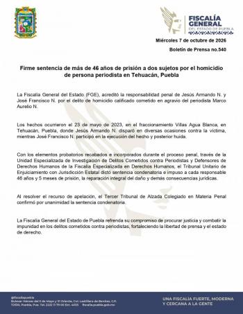 Sentencian a m&aacute;s de 46 a&ntilde;os de prisi&oacute;n a responsables del asesinato del periodista Marco Aurelio Ram&iacute;rez en Puebla