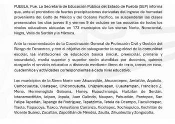 SEP Puebla suspende clases presenciales en 173 municipios por lluvias los d&iacute;as 8 y 9 de octubre