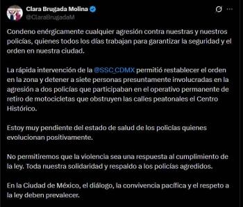 Clara Brugada condena agresi&oacute;n a polic&iacute;as en operativo del Centro Hist&oacute;rico