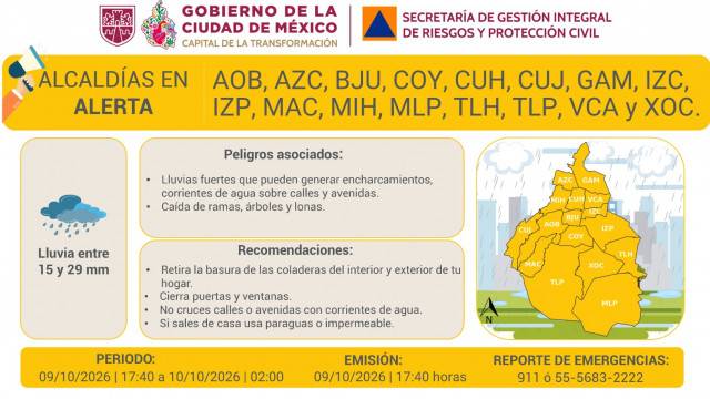 Se activa Alerta Amarilla por Intensificación de Lluvias Fuertes en todas las Alcaldías