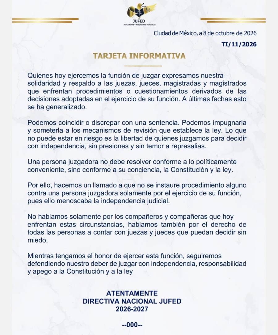 JUFED respalda a jueza sancionada por frenar la reforma judicial y alerta sobre presiones al Poder Judicial