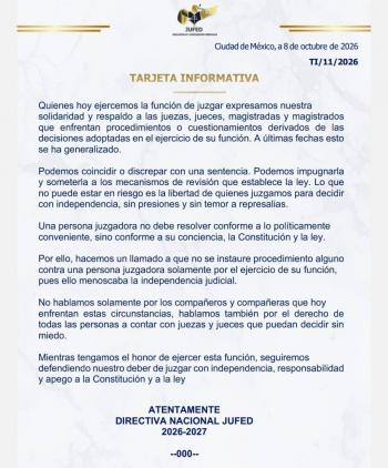 JUFED respalda a jueza sancionada por frenar la reforma judicial y alerta sobre presiones al Poder Judicial