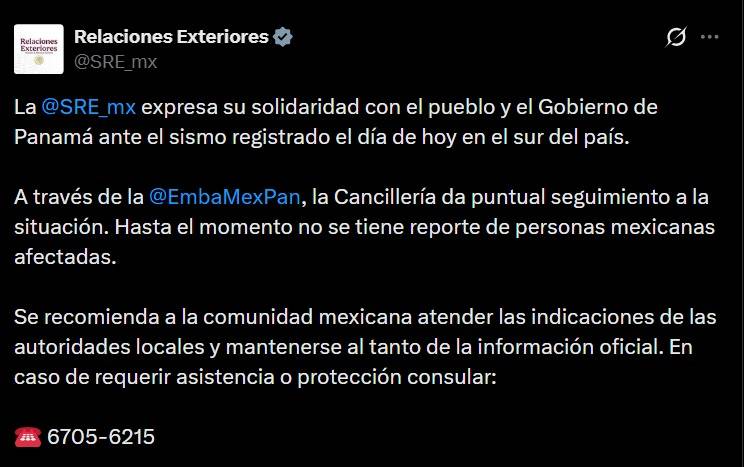 SRE descarta mexicanos afectados tras sismo en Panamá y mantiene seguimiento a la emergencia