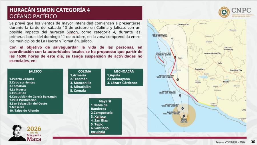 Huracán Simon obliga a suspender actividades en cuatro estados ante inminente impacto en la costa de Jalisco