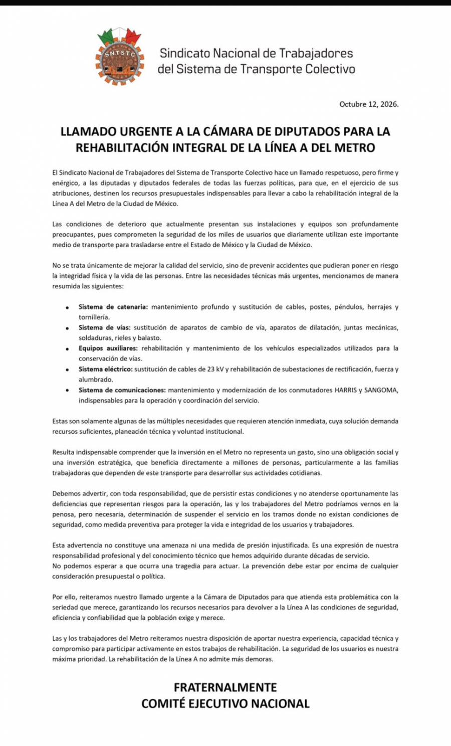Sindicato del Metro advierte posible suspensión del servicio en la Línea A por deterioro