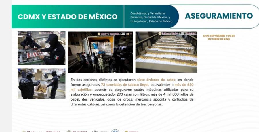 Aseguran fabrica ilegal de cigarros; decomisan 73 toneladas de tabaco en siete cateos en CDMX y Edomex: Harfuch