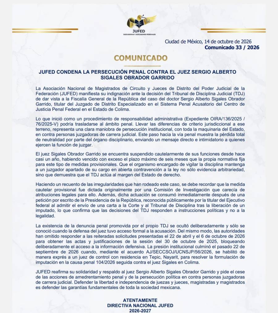 JUFED acusa al Tribunal de Disciplina Judicial de perseguir penalmente a un juez federal; lleva un año suspendido