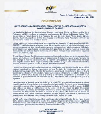 JUFED acusa al Tribunal de Disciplina Judicial de perseguir penalmente a un juez federal; lleva un a&ntilde;o suspendido