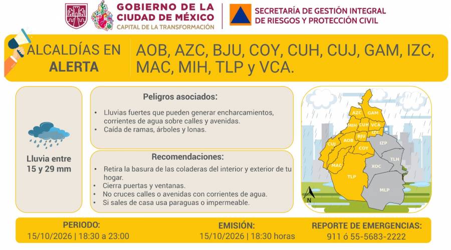 Activan Alerta Amarilla por lluvias fuertes en 12 alcaldías de la CDMX; prevén encharcamientos y caída de árboles