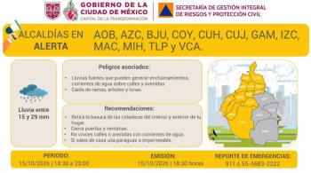 Activan Alerta Amarilla por lluvias fuertes en 12 alcald&iacute;as de la CDMX; prev&eacute;n encharcamientos y ca&iacute;da de &aacute;rboles