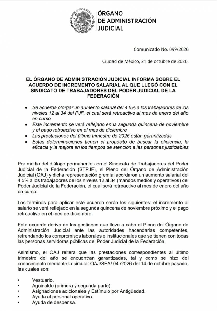 Poder Judicial acuerda aumento salarial de 4.5% para trabajadores; ser&aacute; retroactivo a enero