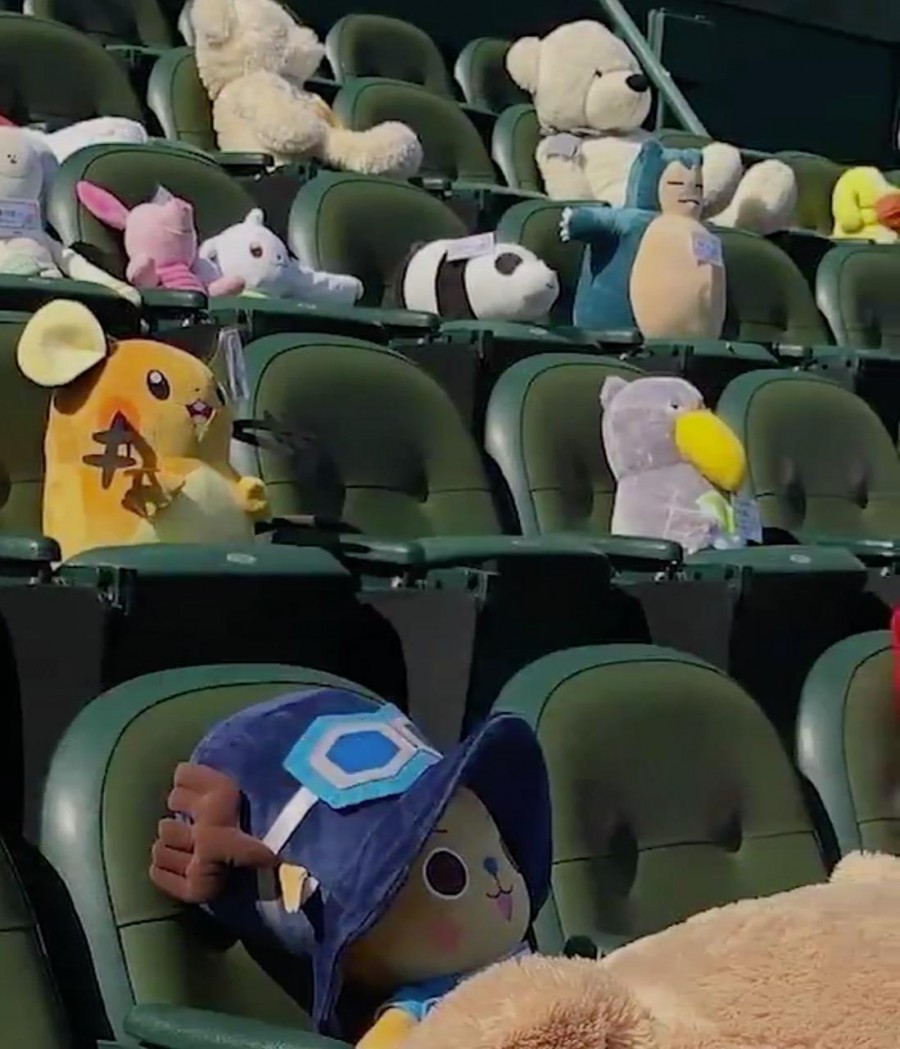 Ante falta de afición, peluches observan los partidos de béisbol