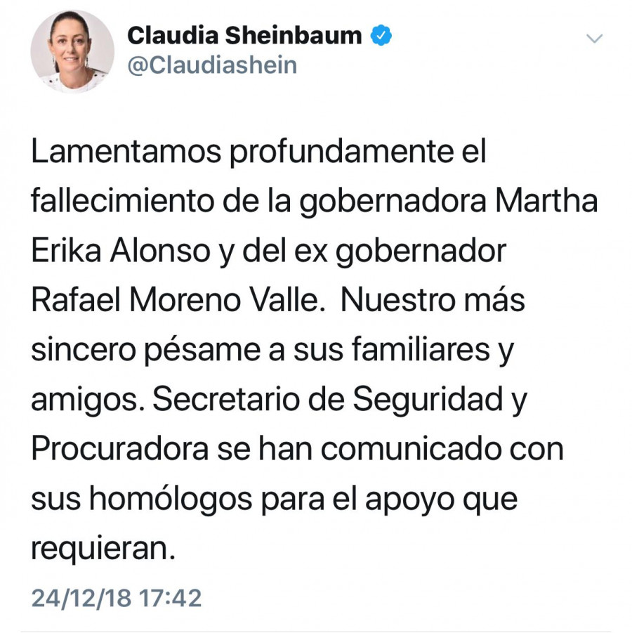 Políticos reaccionan a fallecimiento de Moreno Valle y esposa