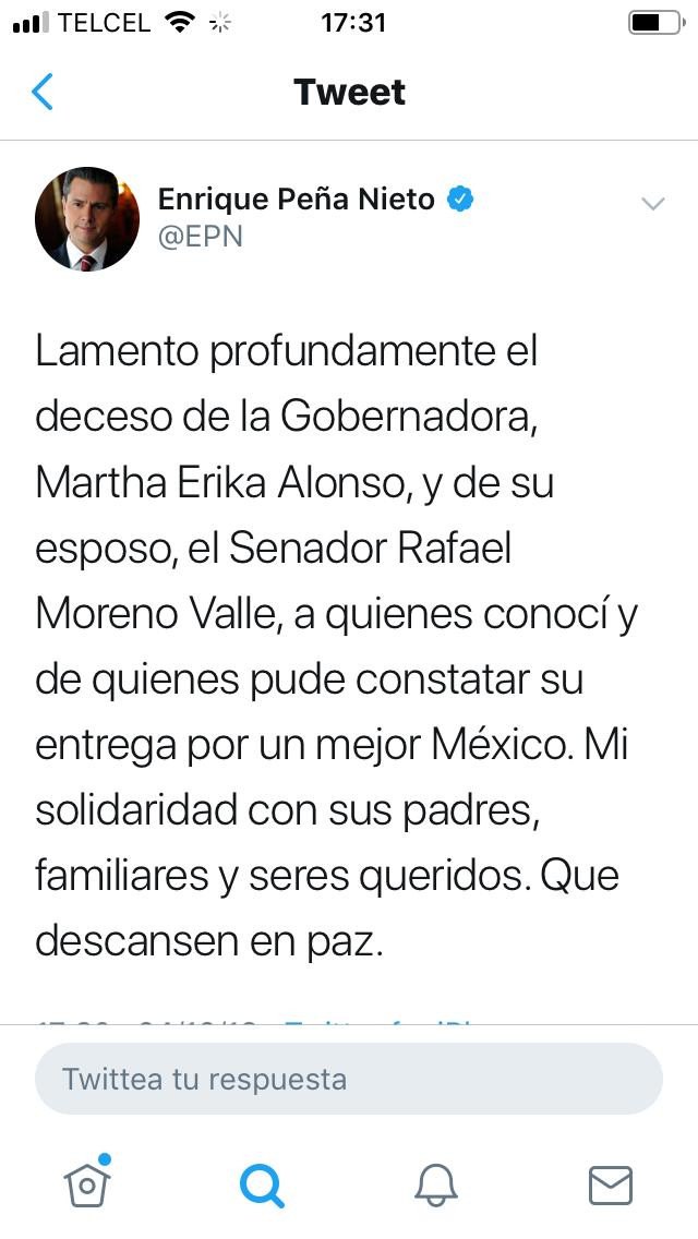 Políticos reaccionan ante fallecimiento de Martha Erika Alonso y Rafael Moreno Valle