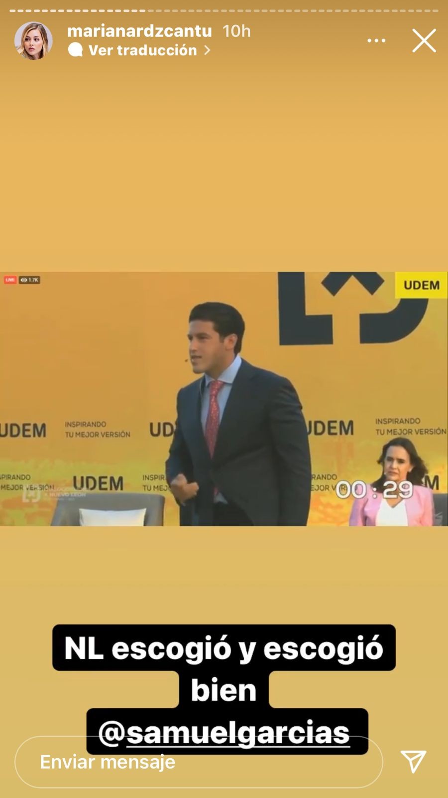 Mariana Rodríguez le desea éxito al nuevo gobernador de Nuevo León, Samuel García