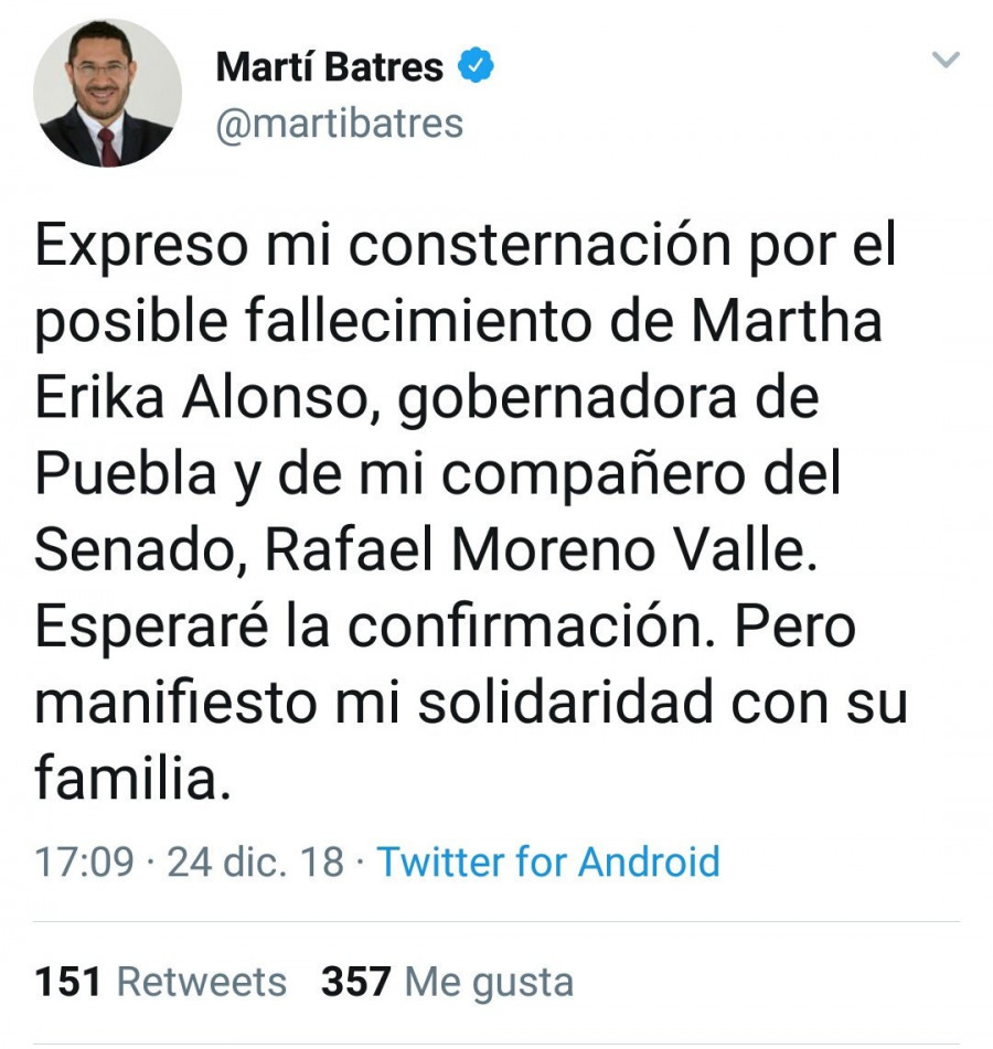 Políticos reaccionan ante fallecimiento de Martha Erika Alonso y Rafael Moreno Valle